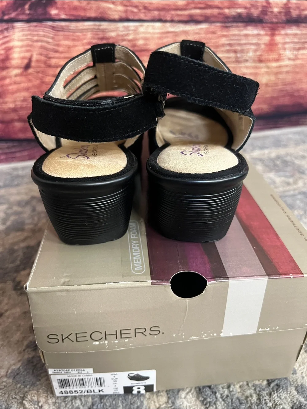 Skechers Parallel Trapezoid Memory Foam Black Wedge Sandals Size 8